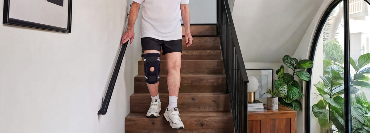 A man wearing a Neenca hinged knee brace is walking down the stairs.