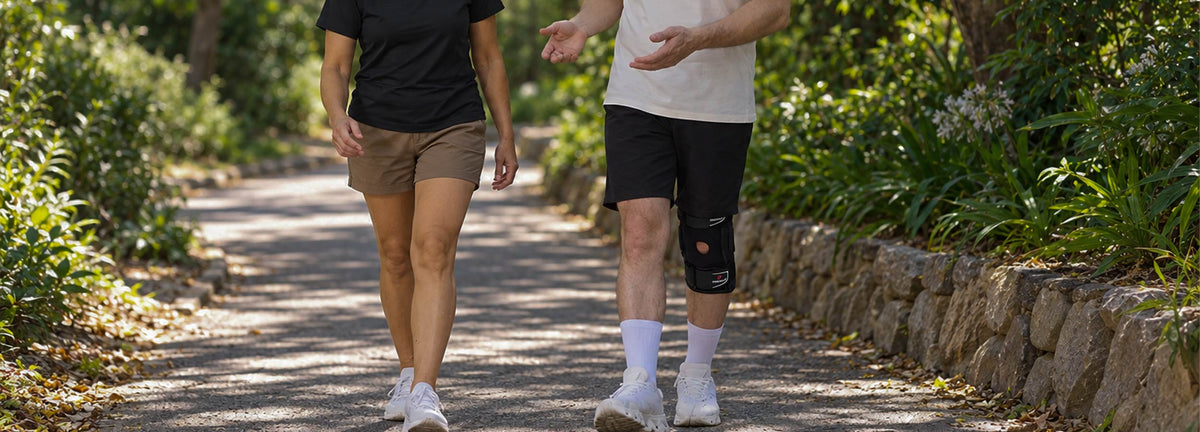 A man wearing a knee brace walks with a woman along a shaded outdoor path, highlighting knee support for comfortable everyday walking.