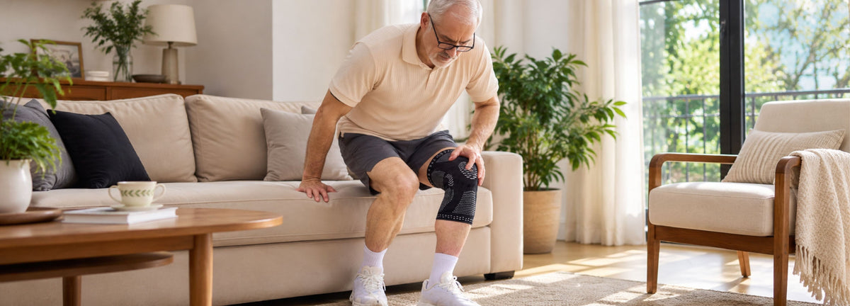 Older man wearing a black NEENCA knee brace rises from a sofa in a bright living room, using one hand to support his knee during everyday movement.