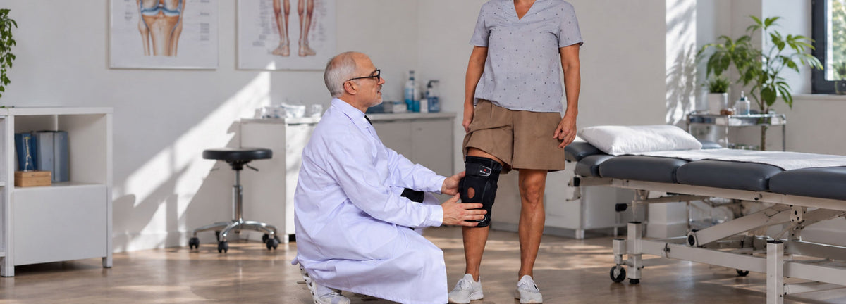 Physical therapist checking the fit of a hinged knee brace on a man's knee during rehabilitation