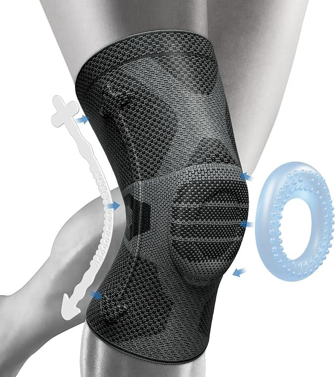 Knee Compression Sleeve with Gel Pad & Side Stabilizers - Black & Gray -  Available in 5 Sizes