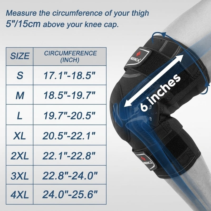 Sizing chart and measurement guide for NEENCA HX043 professional hinged knee brace, showing how to measure thigh circumference 5-6 inches above the knee cap