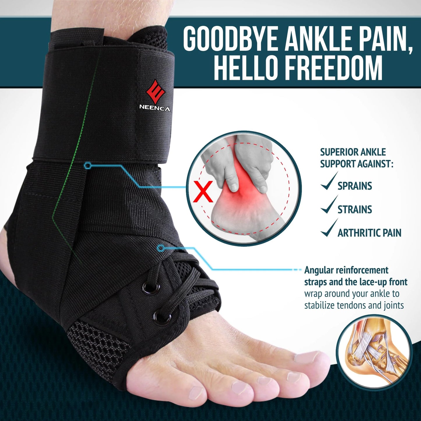 NEENCA Ankle Brace, Lace Up Adjustable Support – for Running, Basketball, Injury Recovery, Sprain YHH170