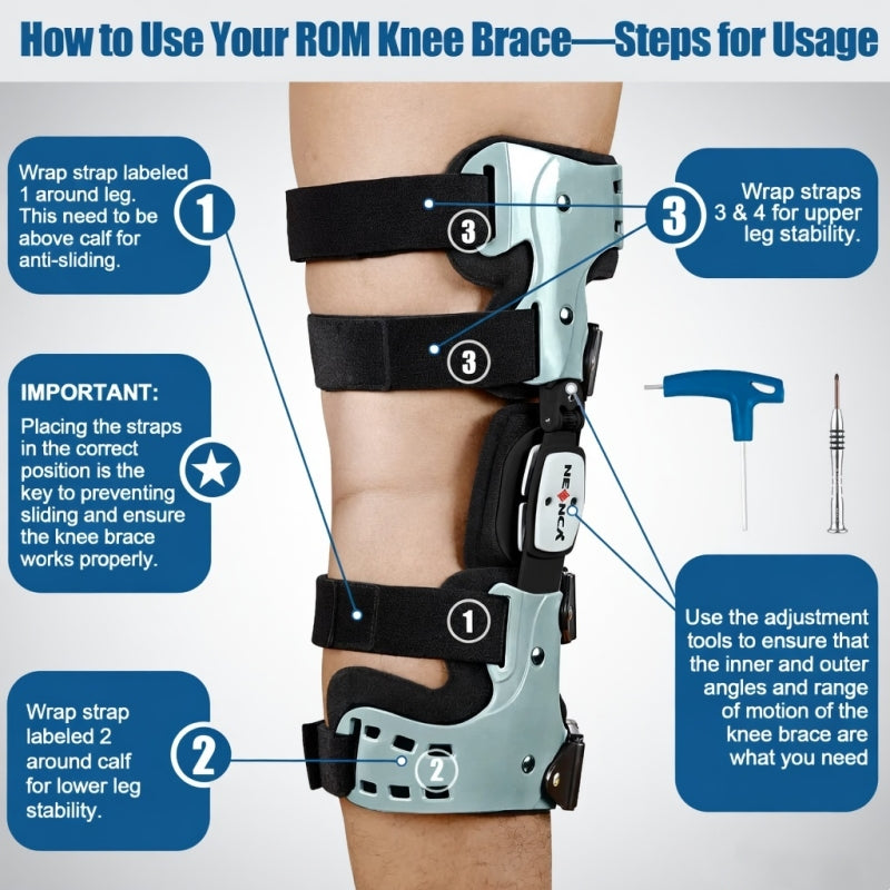 Instructions on how to use a ROM knee brace with labeled steps and diagrams.