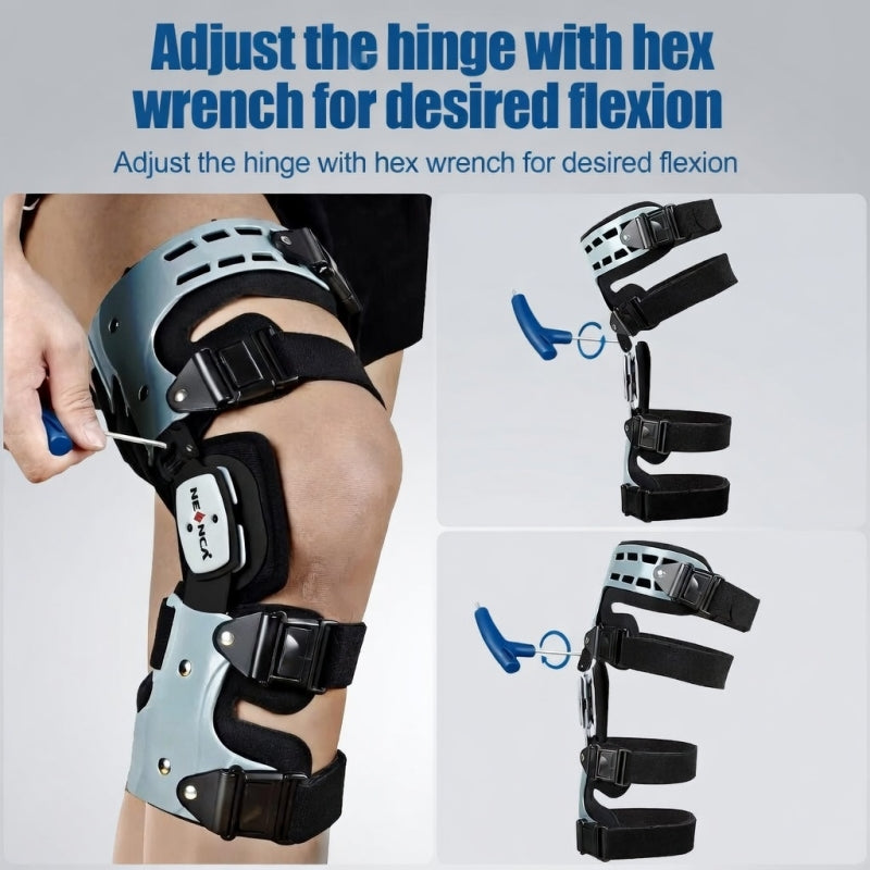 Knee brace with hex wrench adjustment for desired flexion on a gray background