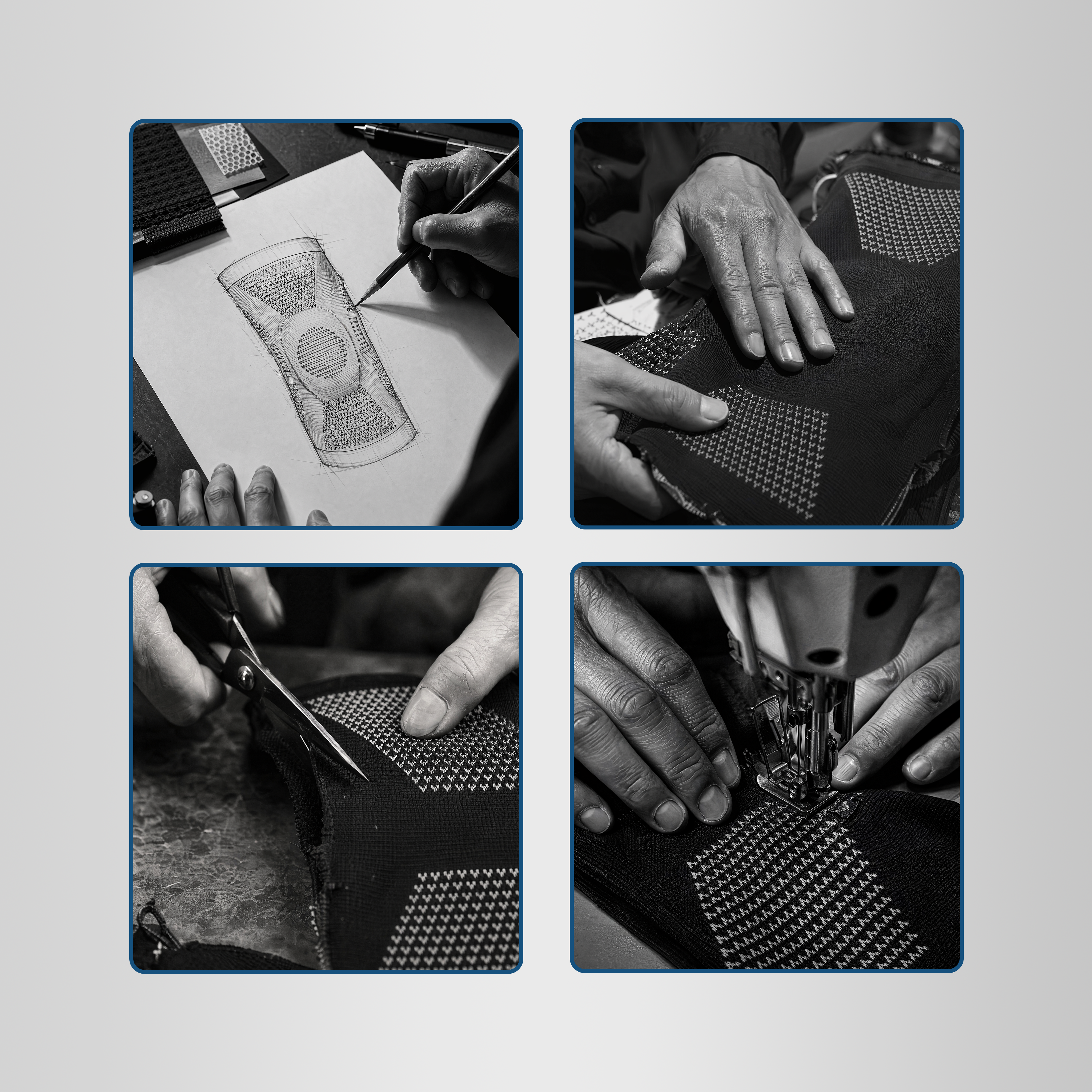 The premium craftsmanship behind a Neenca knee brace, showing the process from original US design sketches to precise fabric cutting and professional sewing.