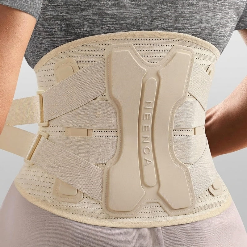 Close-up rear view of the NEENCA HY006 beige back brace, highlighting the large ergonomic lumbar support panel and breathable perforated fabric with cross-compression straps
