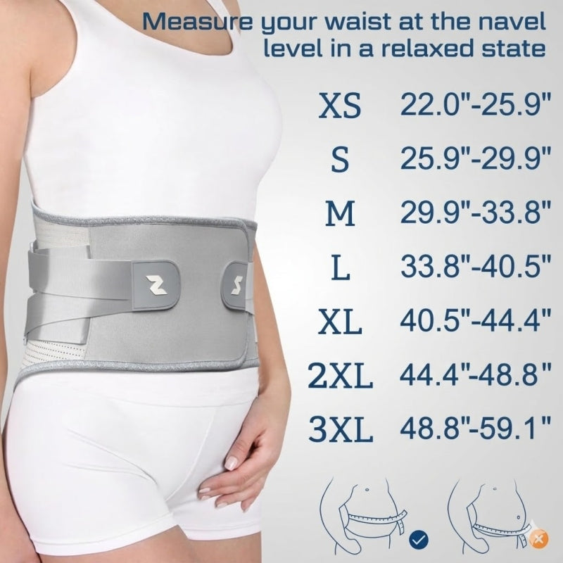 Size chart for NEENCA HY006 back brace showing waist measurements from XS to 3XL with a diagram on how to measure at the navel level