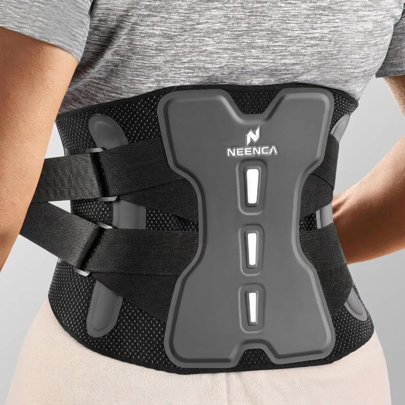 Close-up rear view of NEENCA HY008 back brace in black, showing the anatomical lumbar support plate and high-density breathable mesh fabric