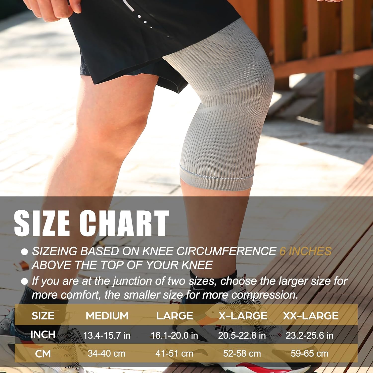 Size chart for NEENCA HX038 knee brace, providing measurements for Medium to XX-Large based on knee circumference.