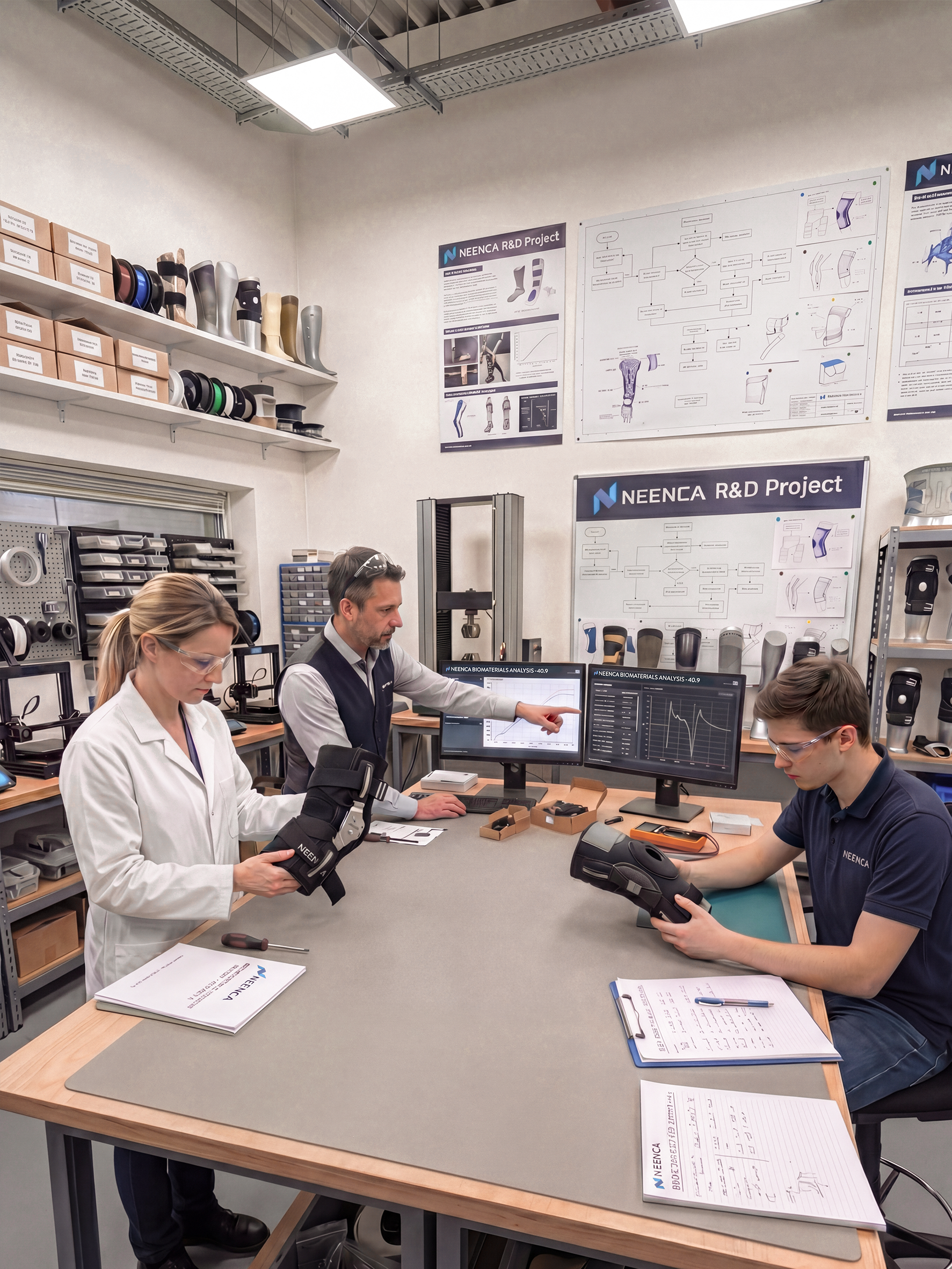 Neenca R&D team inspecting new knee brace prototype and analyzing performance data in professional laboratory