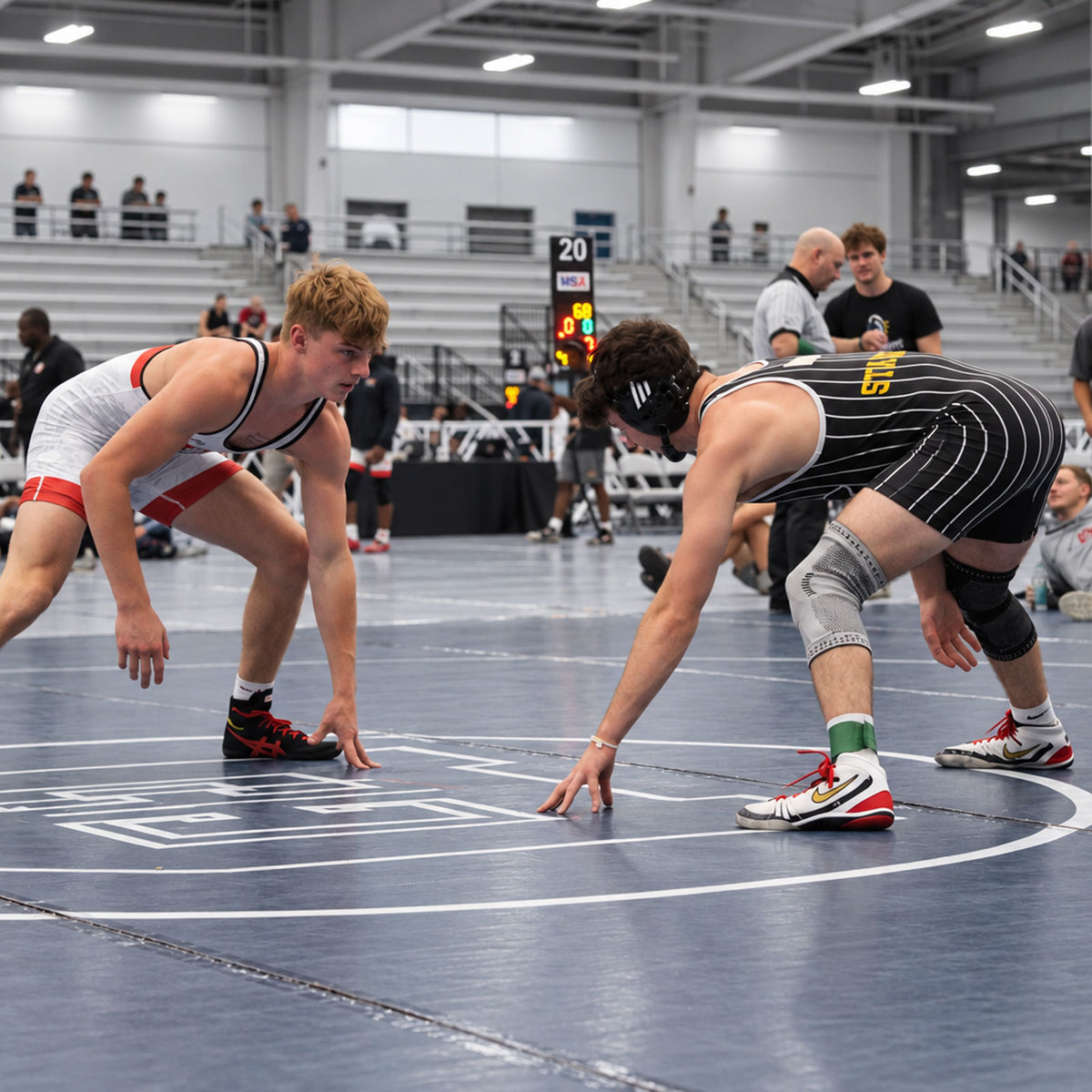 Wrestlers competing on a mat, with one athlete wearing a knee brace for support.