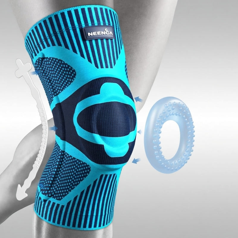 Blue and black knee brace on a mannequin with a gray background