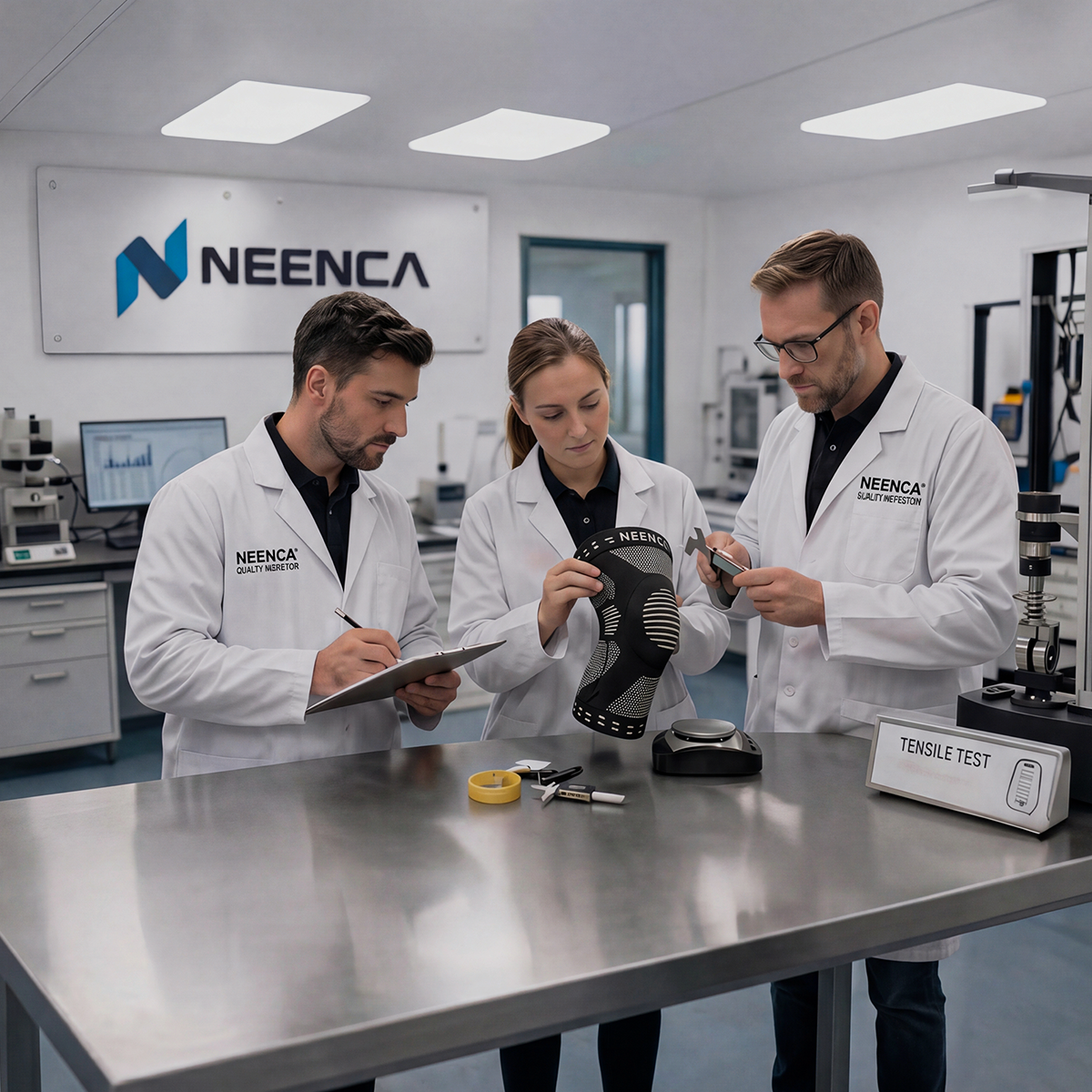 Neenca R&D team verifying knee brace performance in professional lab