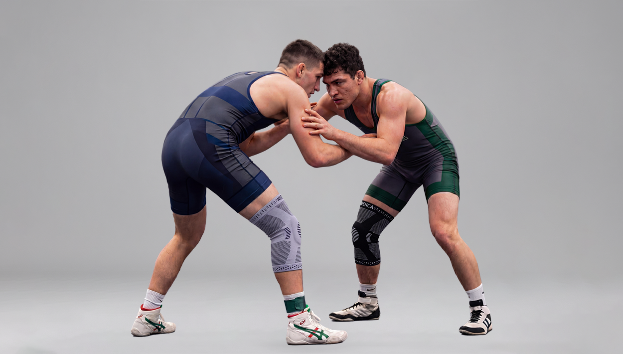 NEENCA For Sports Collection: Two athletes competing in a wrestling match, wearing professional NEENCA knee braces for maximum joint protection.