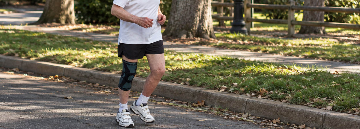 A man running while wearing neenca knee braces.