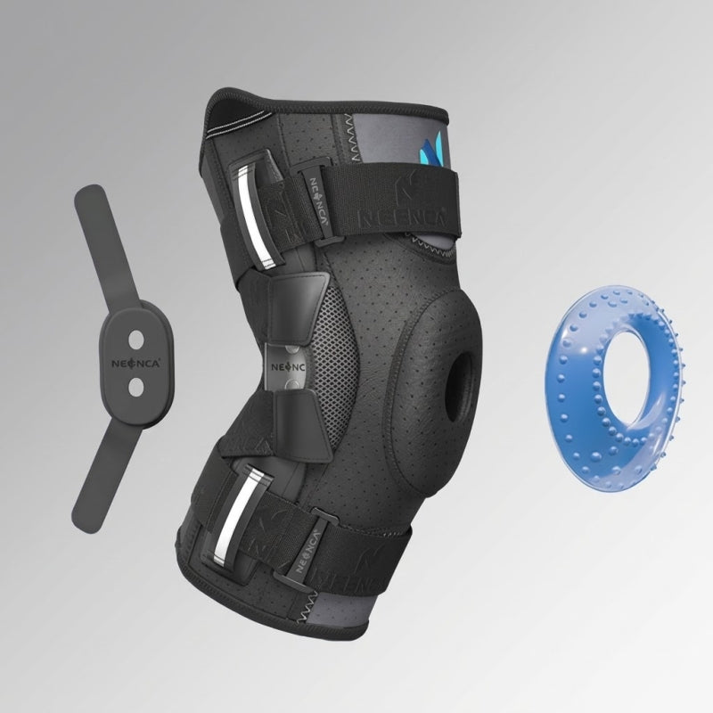 Black equestrian leg guard with accessories on a gray background