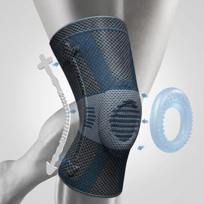 Knee brace with mesh design and text on a gray background