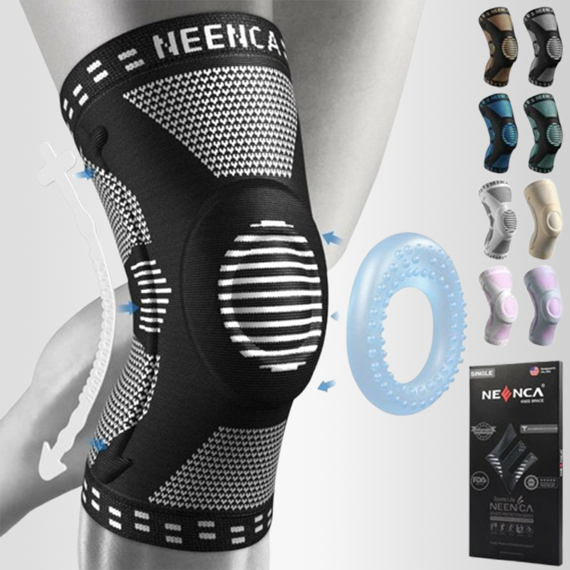 Black knee brace with patterned design on a mannequin, surrounded by additional knee braces and packaging.