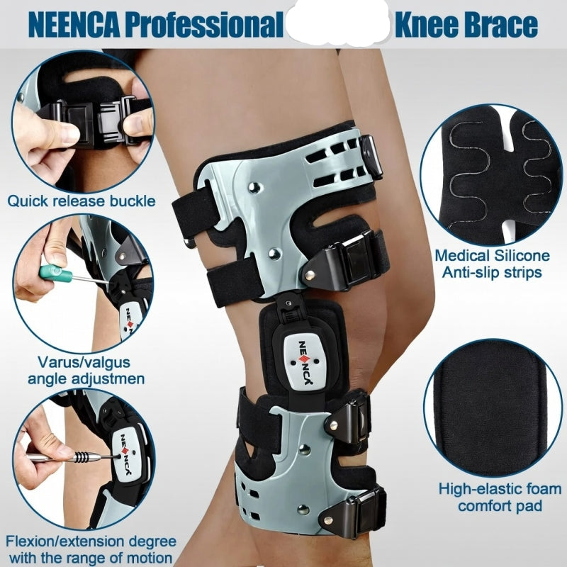 NEENCA Professional Medical Knee Brace with features highlighted on a light gray background