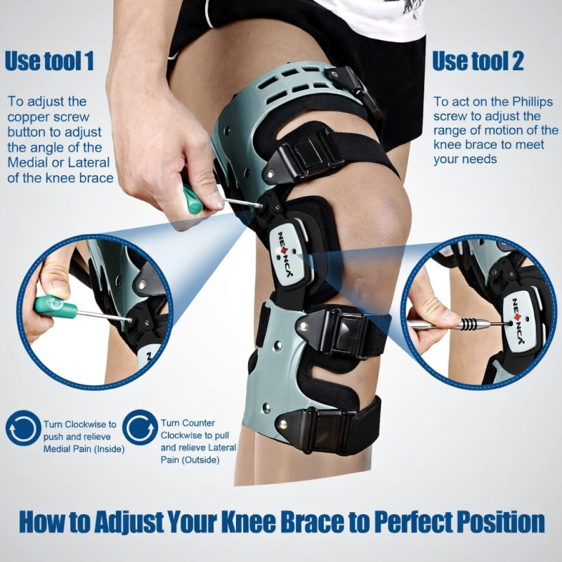 Knee brace adjustment process with tools and instructions on a white background
