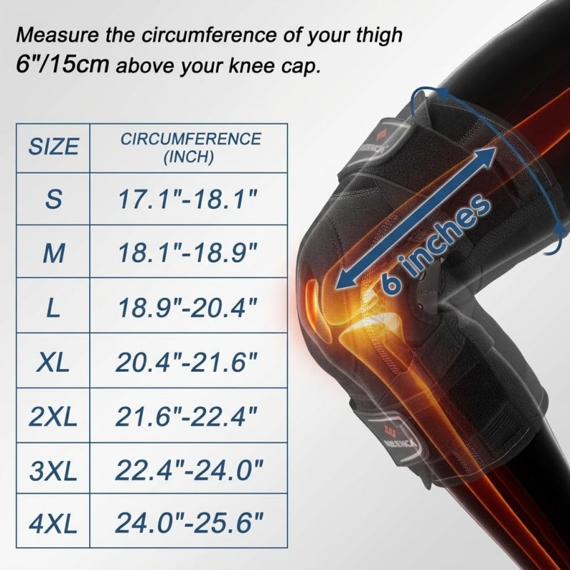 Sizing chart and measurement guide for NEENCA HX042/HX035 knee brace, showing how to measure thigh circumference 6 inches above the knee cap