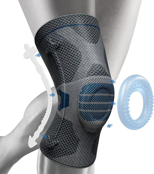 A knee compression sleeve in navy blue with additional stabilizing elements, shown being worn on a human leg mannequin. The image highlights the product's features such as the breathable fabric and gel pads around the kneecap.