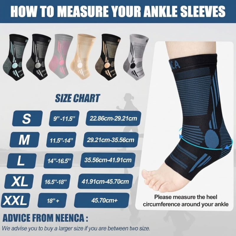 Instructions on how to measure ankle sleeves with a size chart and an example of a black ankle sleeve.