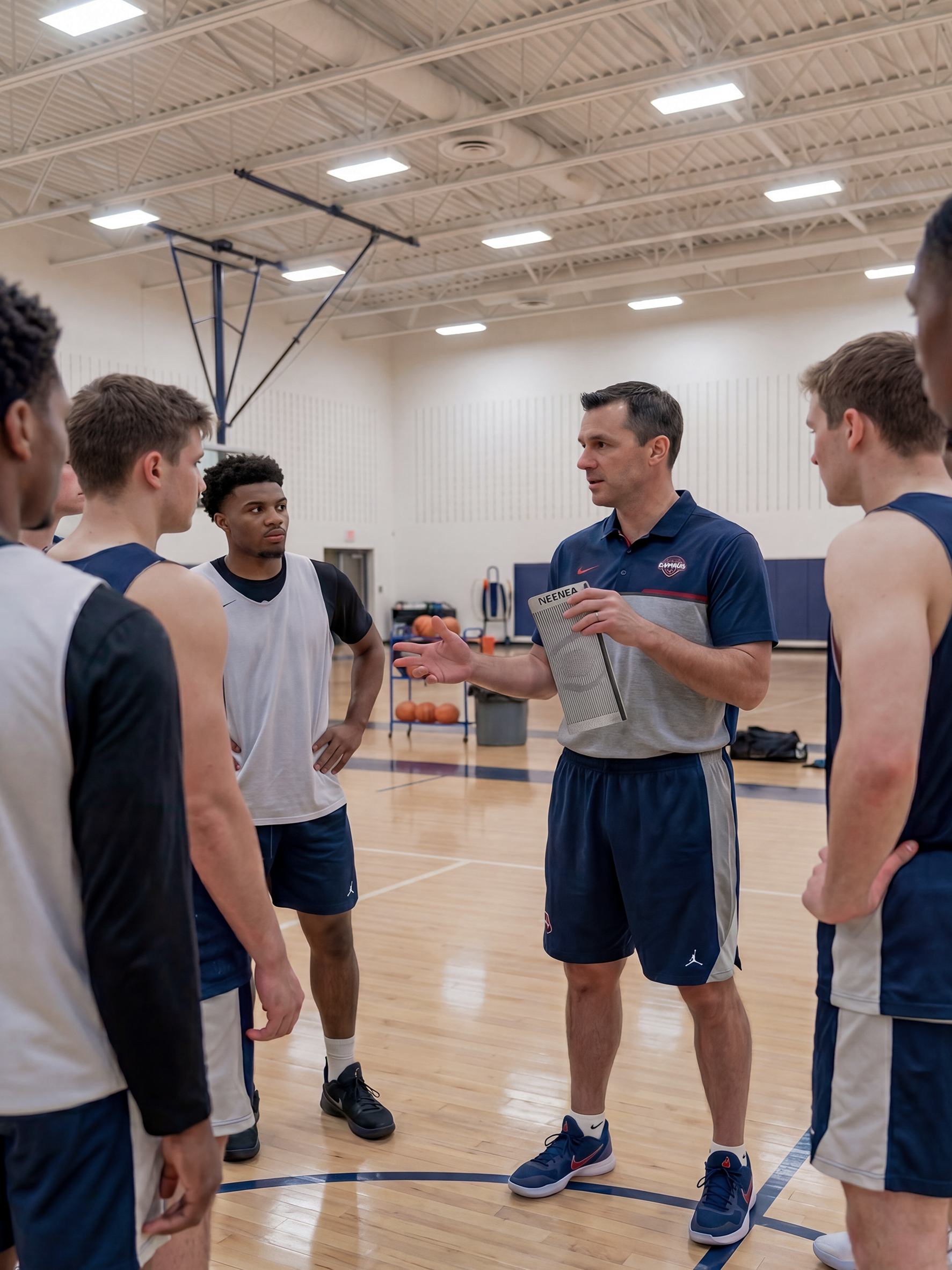 Basketball coach demonstrating how to use the Neenca compression knee brace during team practice.