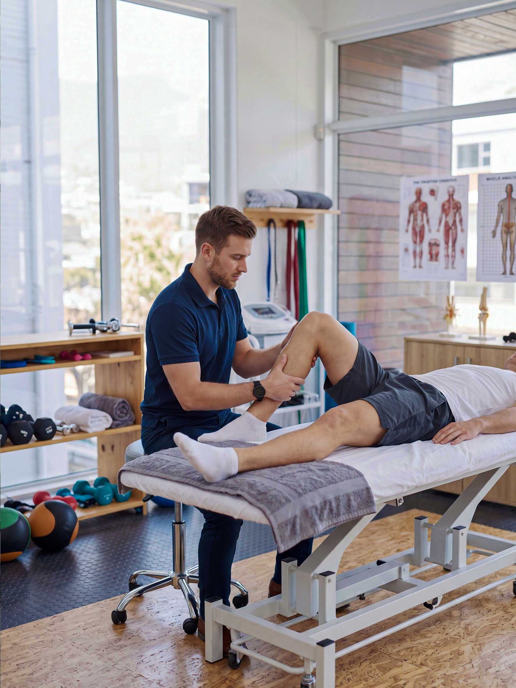 Physical therapist discussing knee support and movement with an active adult.