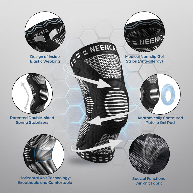 Neenca ACE-51 Knee Brace features: Patented double-sided spring stabilizers, anatomically contoured patella gel pads, and breathable air knit fabric for medical-grade support.