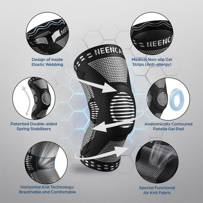 Neenca ACE-51 Knee Brace features: Patented double-sided spring stabilizers, anatomically contoured patella gel pads, and breathable air knit fabric for medical-grade support.