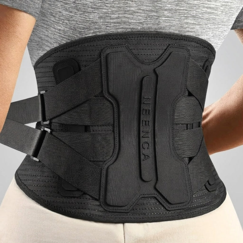 Close-up rear view of the NEENCA HY006 black back brace, featuring the large ergonomic lumbar support panel and adjustable cross-compression straps for lower back stability