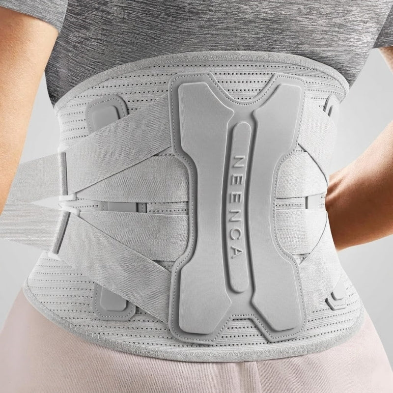 Close-up rear view of the NEENCA HY006 gray back brace, showcasing the large ergonomic lumbar support panel and the dual cross-strap compression system