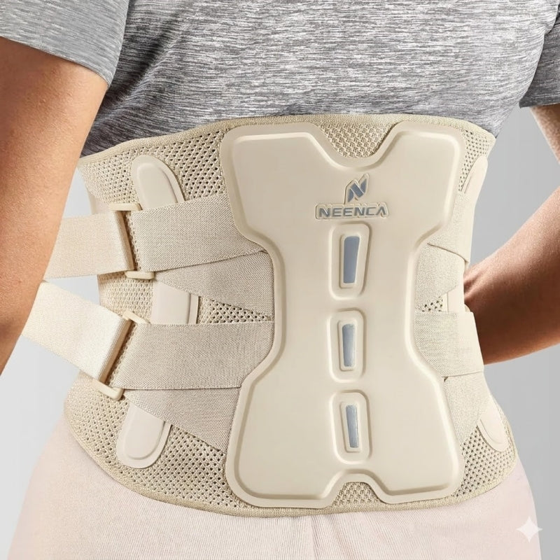 Close-up rear view of NEENCA HY008 back brace in beige, showcasing the ergonomic lumbar support plate and breathable mesh fabric