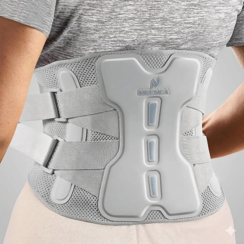Close-up rear view of NEENCA HY008 back brace in grey, showcasing the ergonomic lumbar support plate and honeycomb breathable mesh fabric