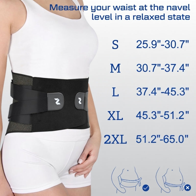 Size chart for NEENCA HY008 back brace showing waist measurements from S to 2XL with instructions on how to measure at the navel level
