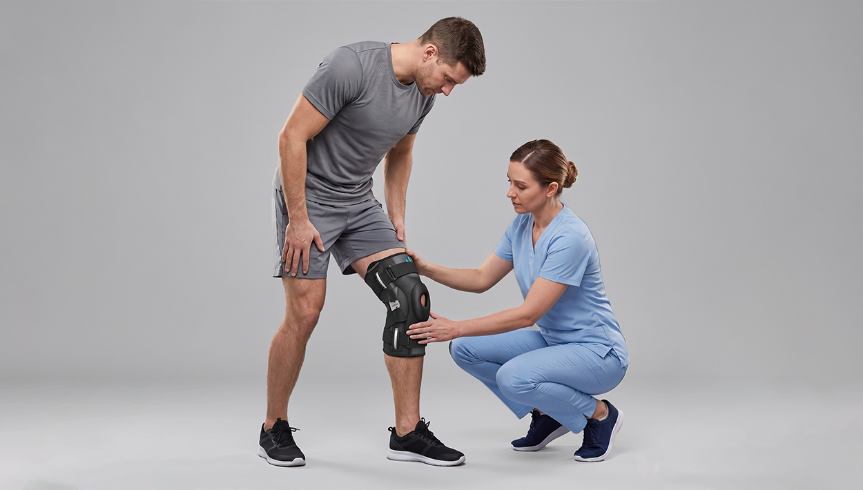 NEENCA For Recovery Collection: A professional physical therapist fitting a patient with a hinged knee brace.