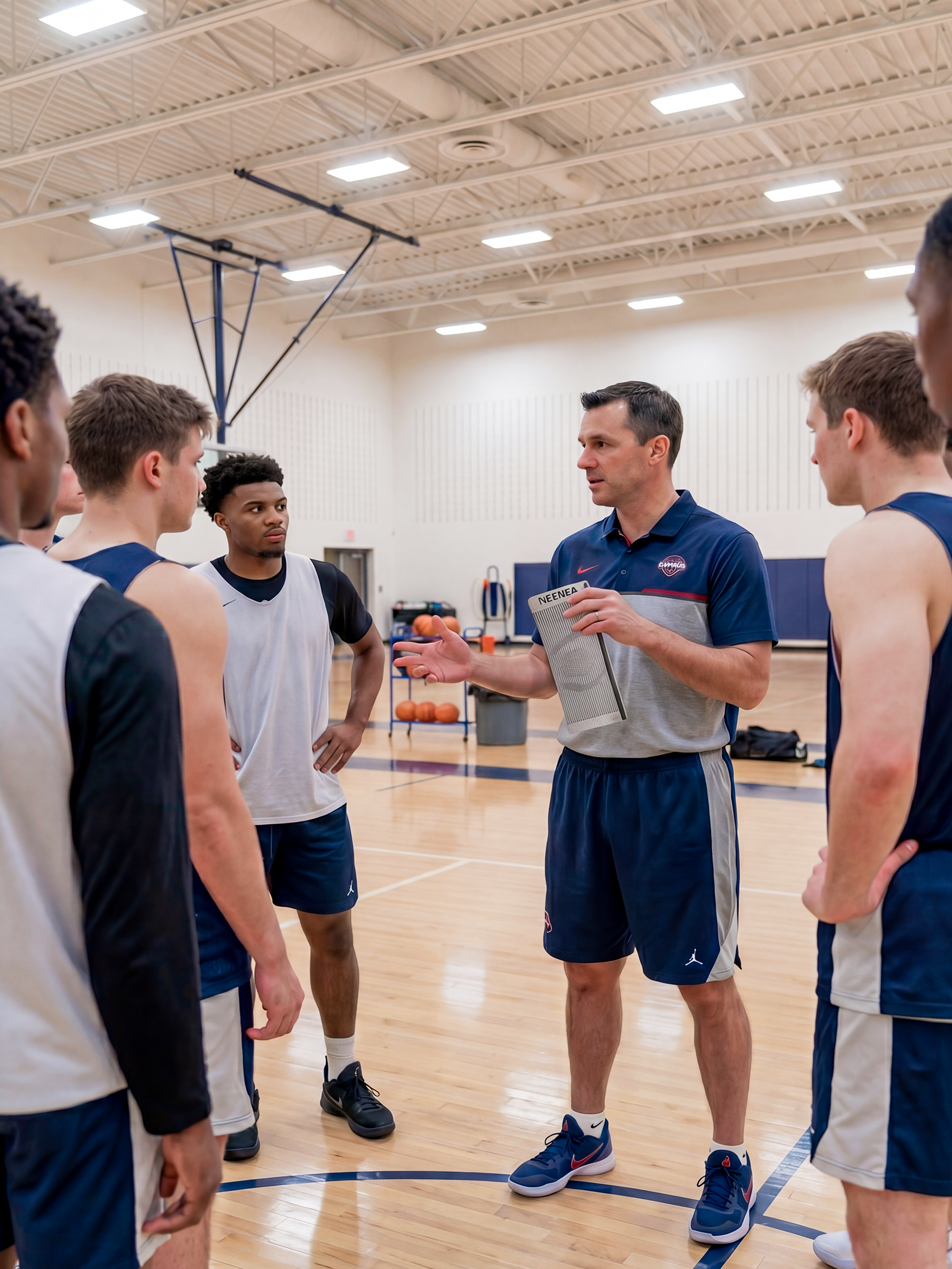 A basketball coach holding a Neenca knee sleeve, explaining its benefits and usage to players on the court.