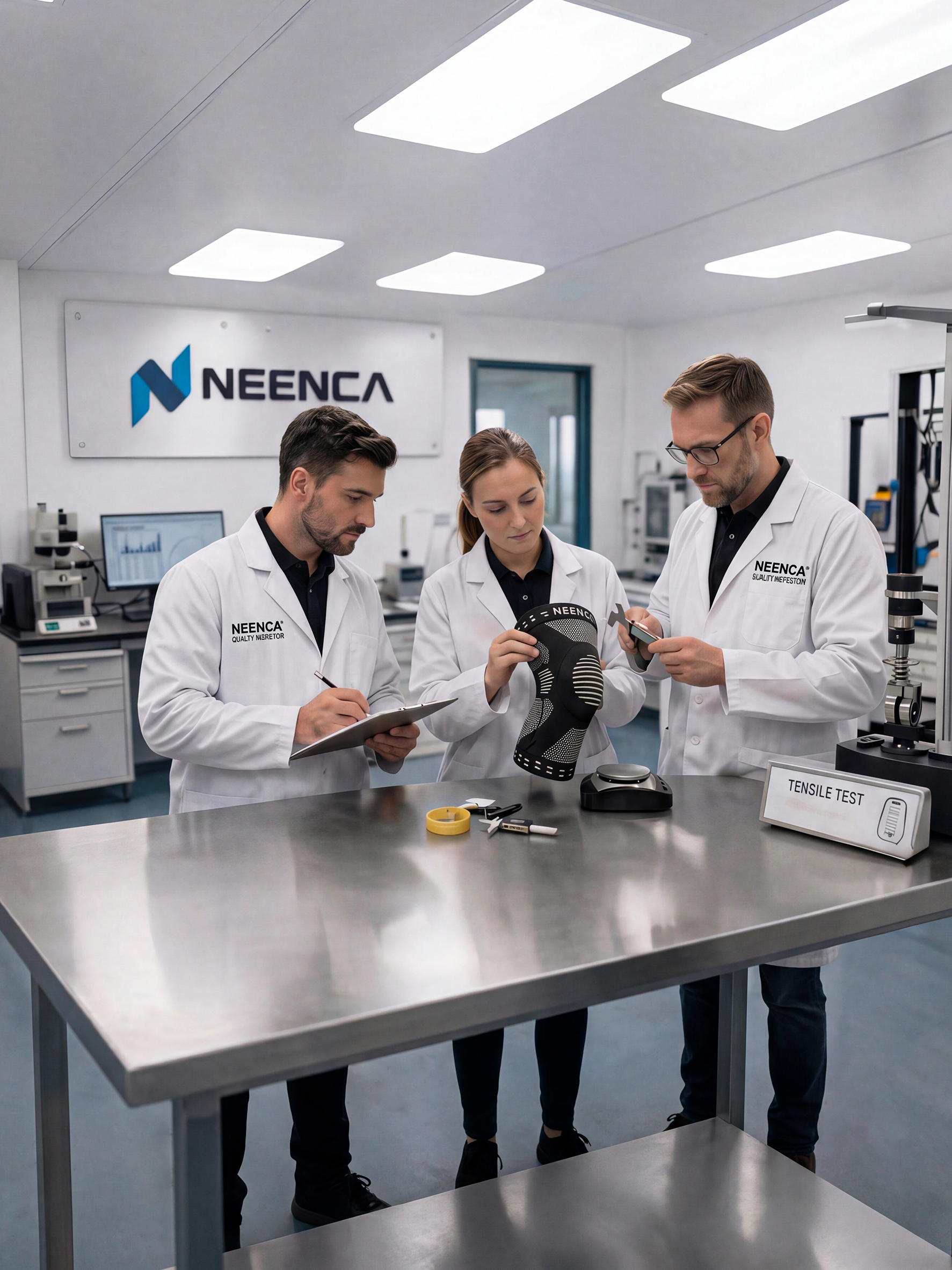 Neenca R&D team verifying knee brace performance in professional lab
