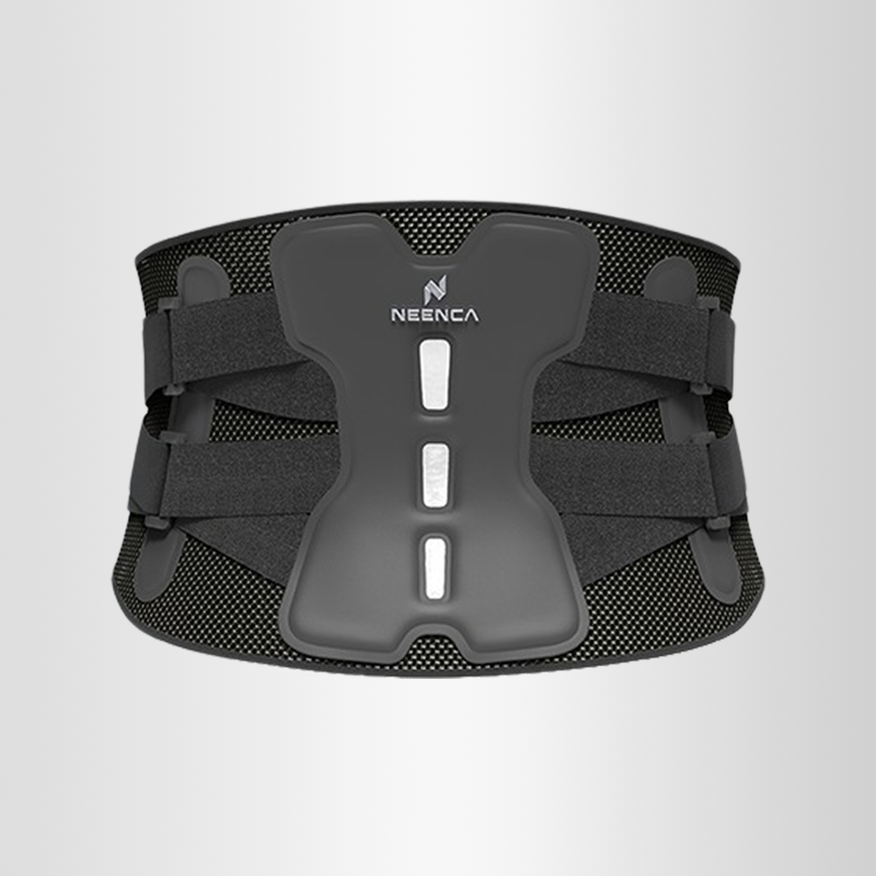 Neenca waist and back support belt showcasing its functional design and premium materials on a gray gradient.