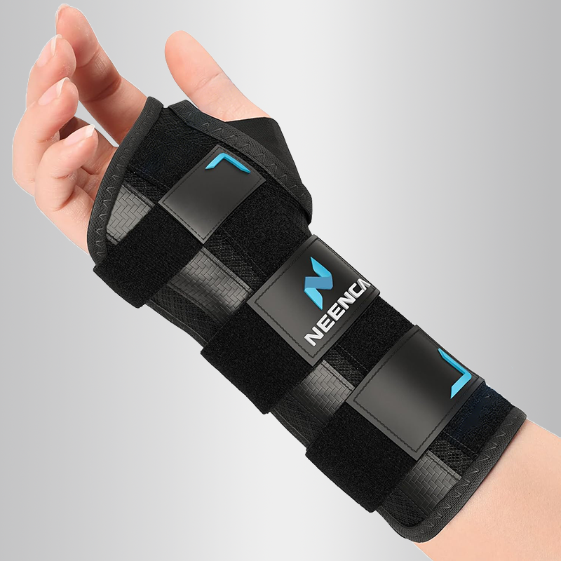 Neenca wrist brace presented on a clean gradient gray background, representing the professional wrist care collection.