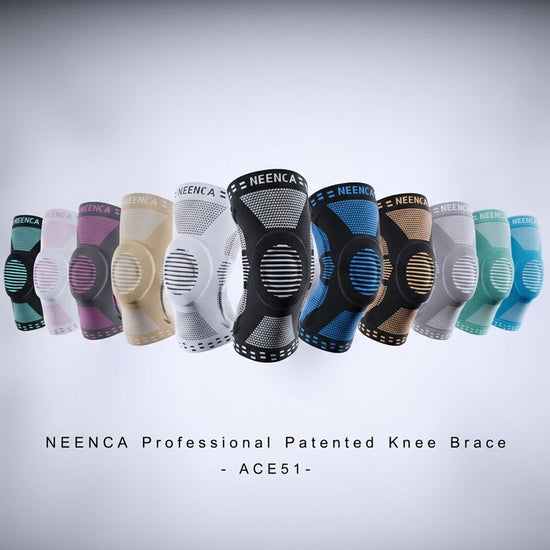 Neenca ACE-51 3D animation highlighting breathable 3D knit fabric and medical-grade patella gel pad integration.