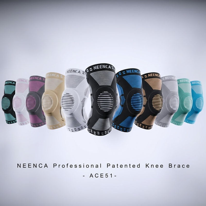 Neenca ACE-51 3D animation highlighting breathable 3D knit fabric and medical-grade patella gel pad integration.