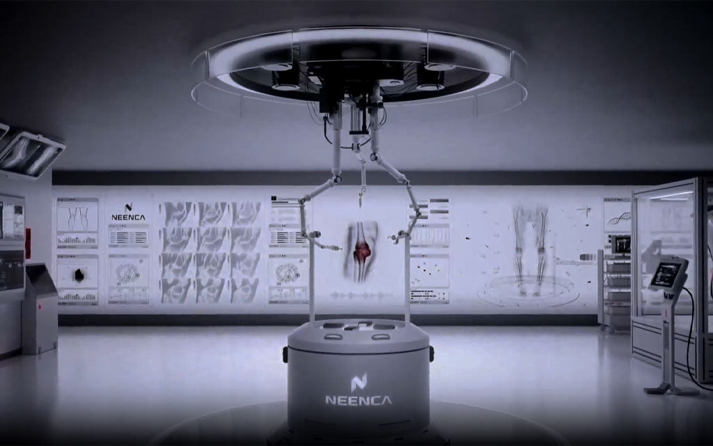 Product technology animation of the NEENCA Professional Knee Brace 051 showing advanced knit construction, flexible support, comfort fit, and performance details.